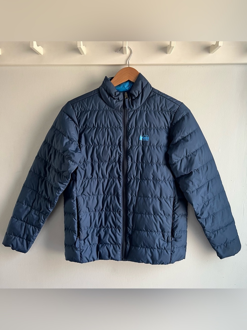 REI Co-op 650 Down Jacket Youth XL Blue Puffer Packable Lightweight Coat Kids